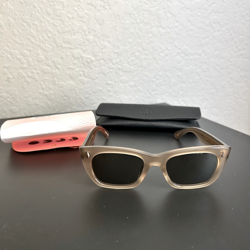 Garrett Leight Webster Sunglasses. Color Chantrell with graphite green lenses